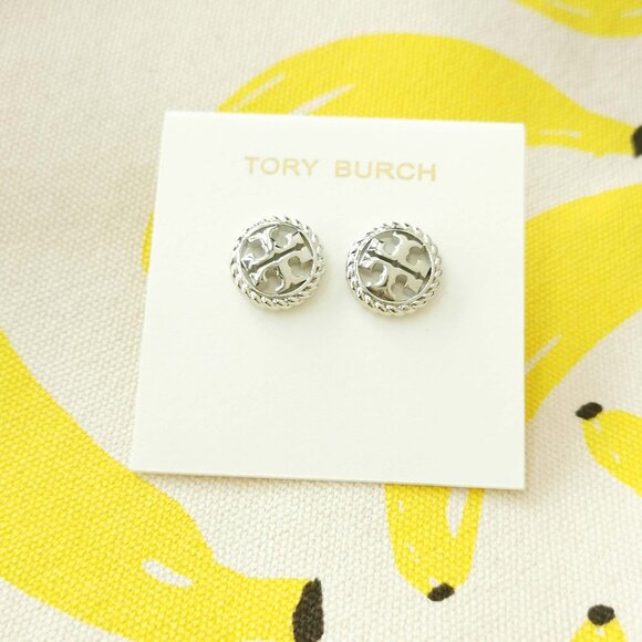 Tory Burch Rope Logo Stud Earrings - Silver - Picture 1 of 3